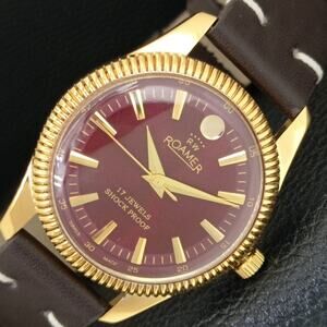Vintage 1990 Roamer Manual Mens Gold Watch W/Leather Strap & Red accents